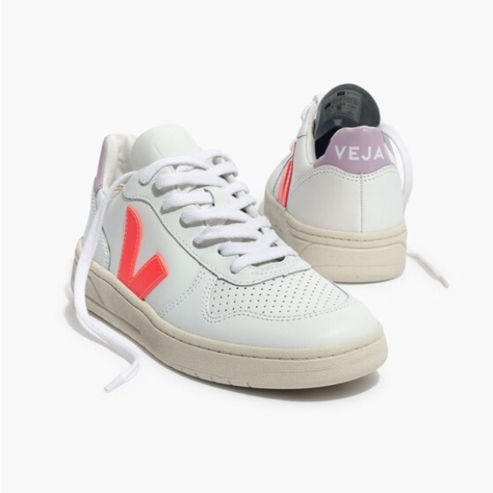 Madewell x Veja™ V-10 Leather Sneakers in Lilac and Neon Orange